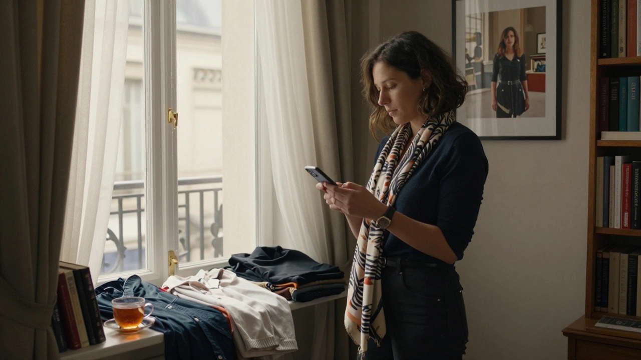 A woman preparing for an escort appointment in her modest, book-filled apartment.