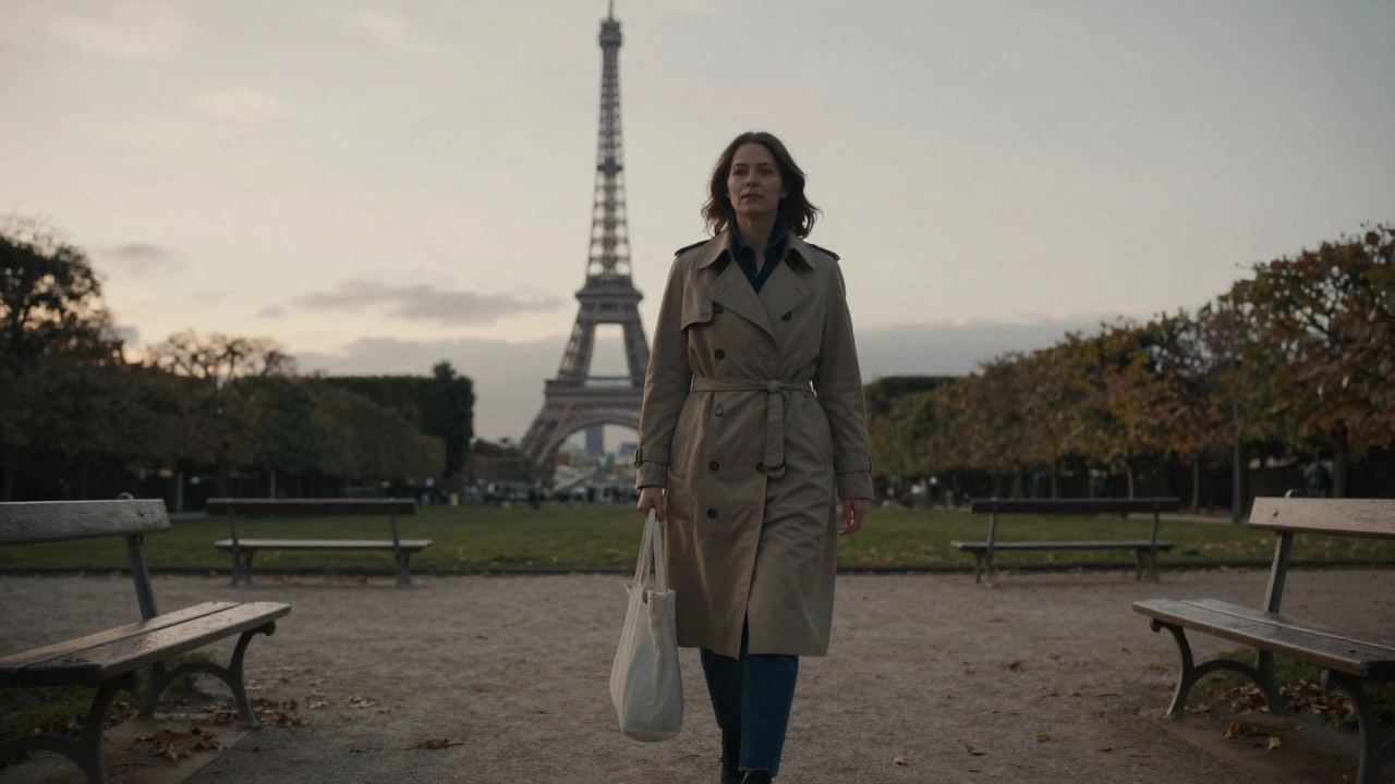 A woman walking alone through Luxembourg Garden in Paris at twilight.